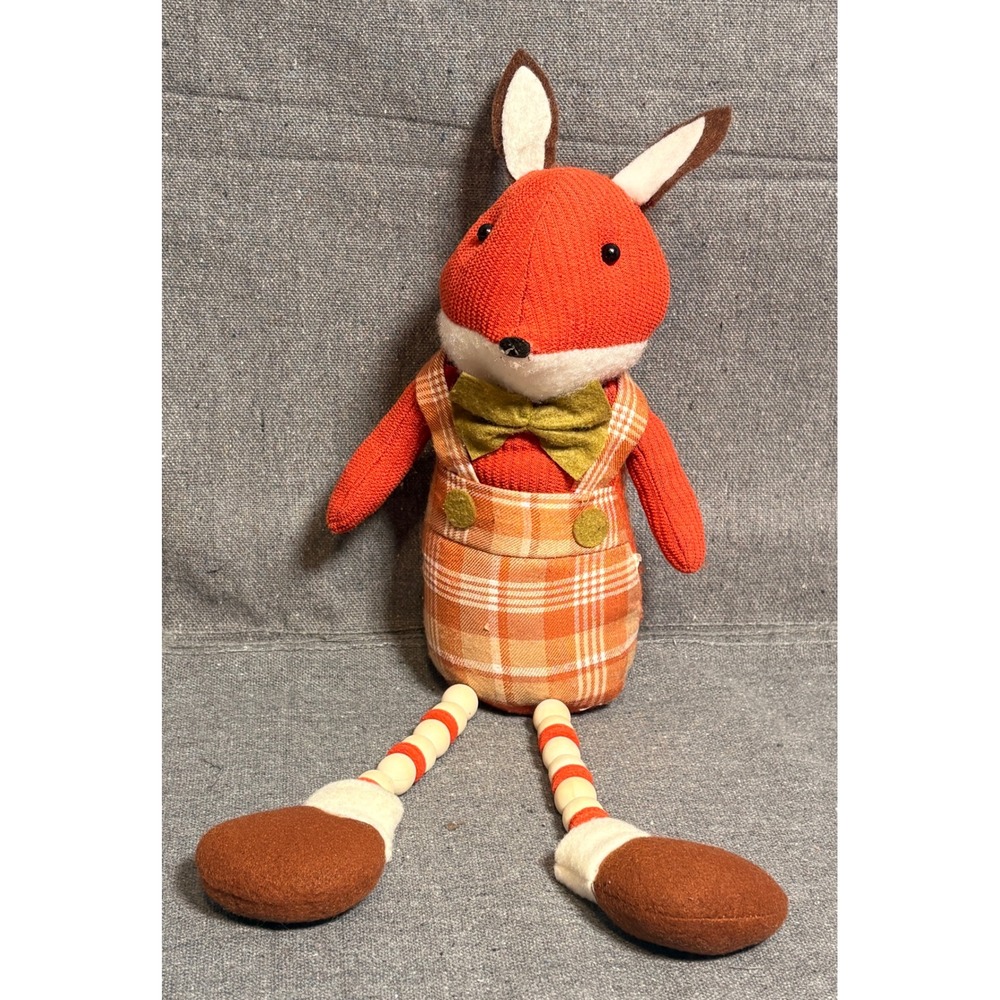 Woodland Fox Plush Figure Wooden Bead Dangle Legs Plaid Overalls Autumn Decor